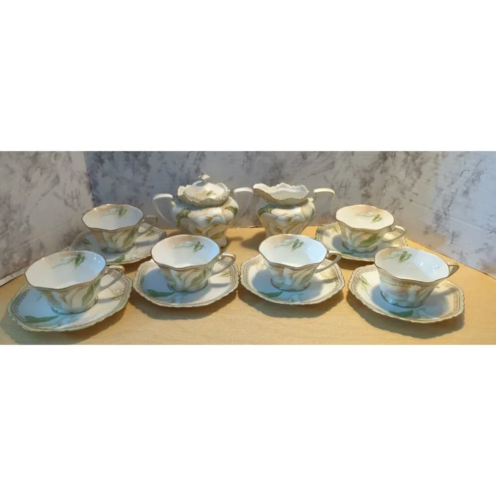 Antique RS Germany/Prussia Sugar Bowl Creamer 6 cups & 6‎ saucers Calla Lily